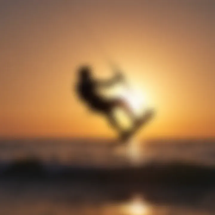 Silhouette of a kiteboarder performing impressive tricks against the sunset