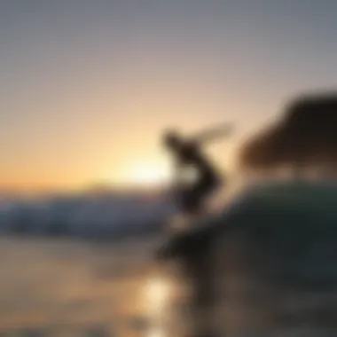 Silhouette of a skimboarder on the ocean shore