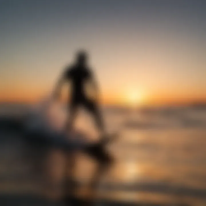 Silhouette of wake foil surfer against a vibrant sunset backdrop