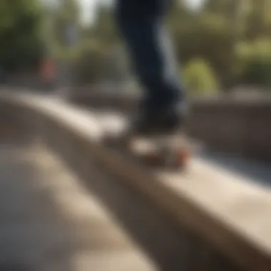 Skateboarder sliding on a ledge with focus on the board's details