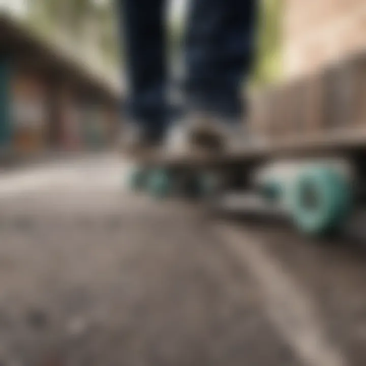 Close-up of skateboard wheels grinding on a rail