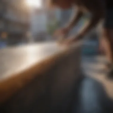 Skateboarder applying wax on a ledge