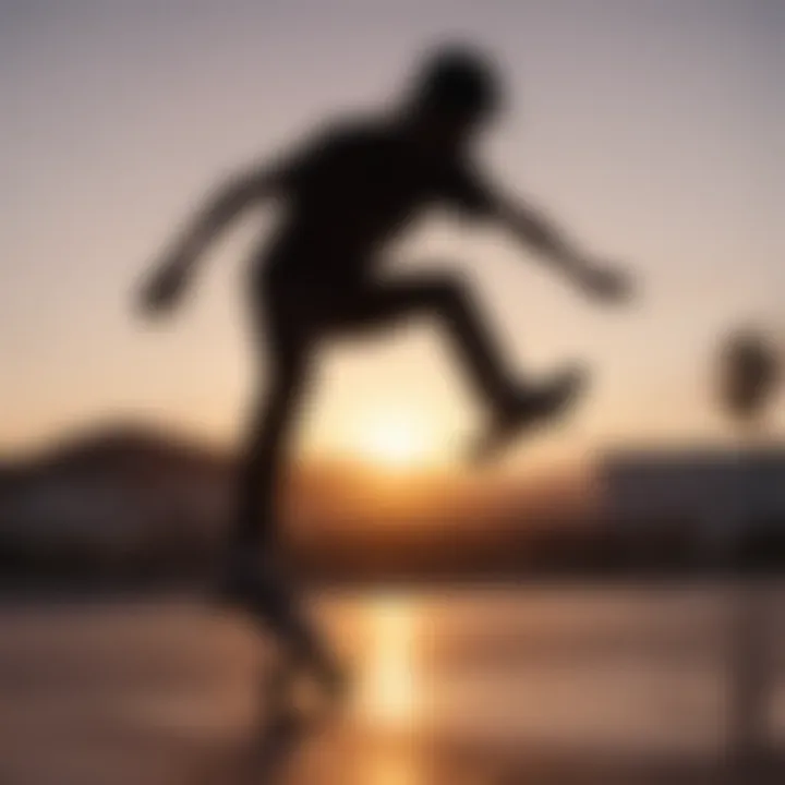 Silhouette of a skateboarder performing a trick against the sunset