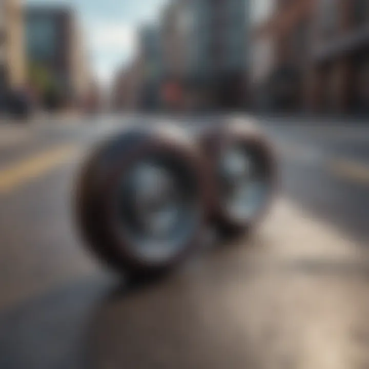 Close-up of skateboard wheels on a city street