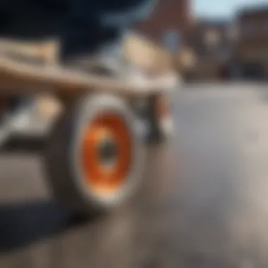 Close-up of skateboard wheels in motion on concrete