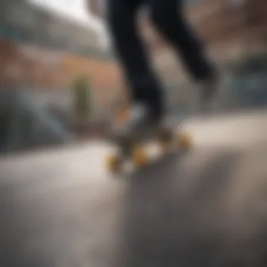 Skateboard wheels in motion on an urban skatepark