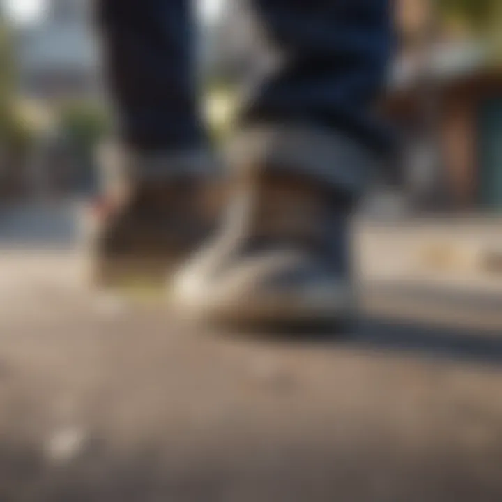 Skateboarding shoes with worn-out grip tape marks