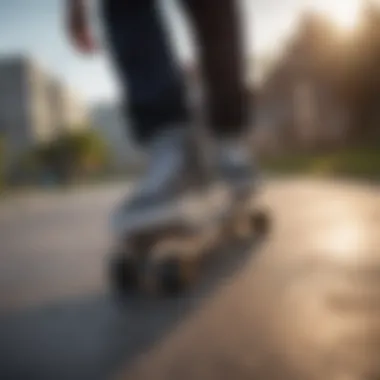 Skateboarder performing tricks while wearing low profile skate shoes on urban terrain.