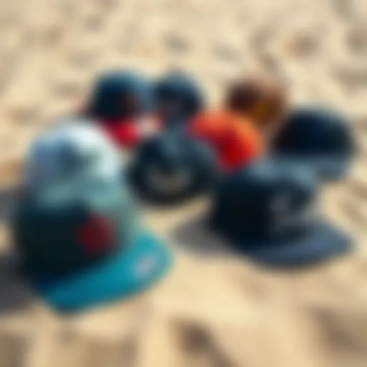 Diversity in Design: Snapback Hats for Every Surfer An array of stylish snapback hats displayed on a sandy beach, showcasing diverse designs