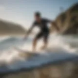 A dynamic skimboarding action shot showcasing a rider gliding over the waves.