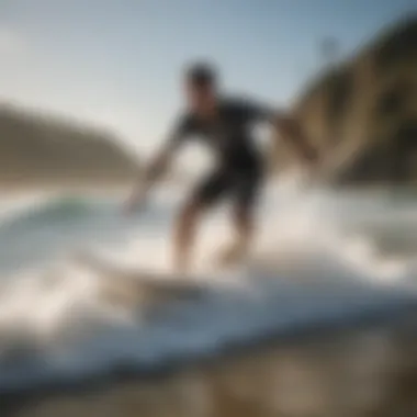 Skimboarding in Action A dynamic skimboarding action shot showcasing a rider gliding over the waves.
