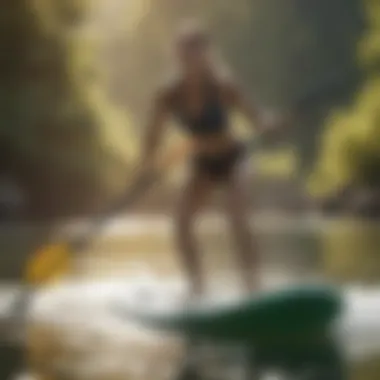 Female paddleboarder mastering a sharp turn on calm waters