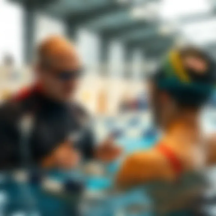 Technique Assessment and Feedback A coach providing feedback to a swimmer during a technique assessment