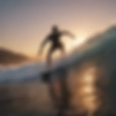 Surfer riding a styrofoam surfboard in a sunset wave