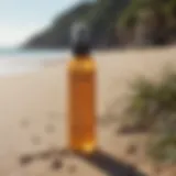 Sun Bum Anti Frizz Oil Mist bottle against a beach background