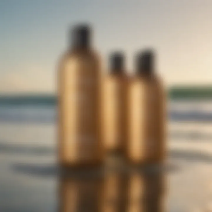 Close-up of Sun Bum Blonde products arranged artistically against a backdrop of ocean waves.