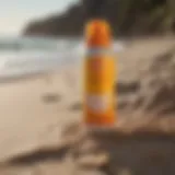 A bottle of Sun Bum Sunscreen Spray SPF 15 placed on a sandy beach with waves in the background.