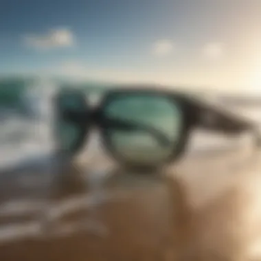 Sunglasses with polarized lenses reflecting ocean waves