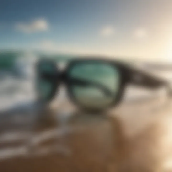 Sunglasses with polarized lenses reflecting ocean waves