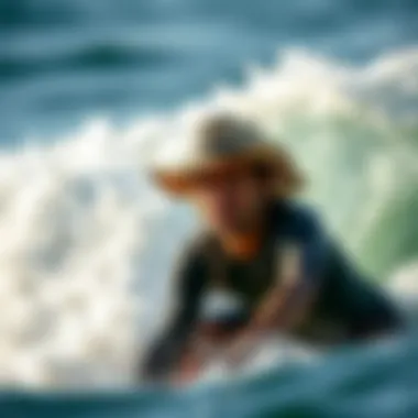 A surfer wearing a hat while catching waves
