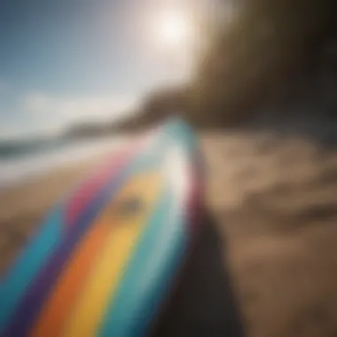 Colorful surfboard with prominent logo display
