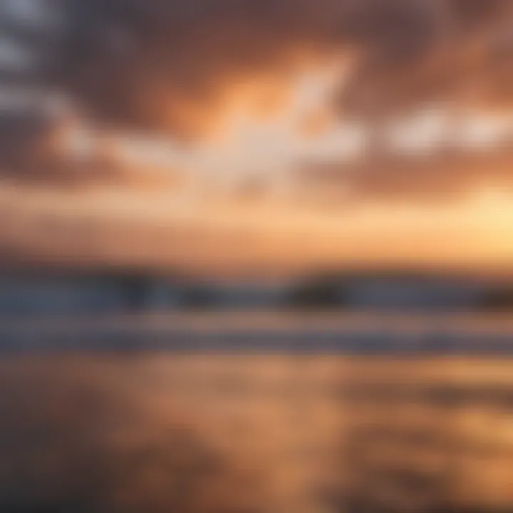 Stunning sunset backdrop with surfers silhouetted against the horizon