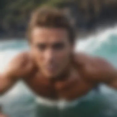 Close-up of a surfer's focused expression while riding a wave