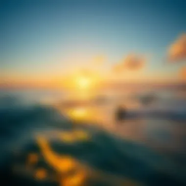 An aerial view of surfers riding the waves at dawn, showcasing the beauty of the ocean