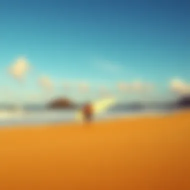 A serene beach with golden sand, perfect for surfing and relaxation