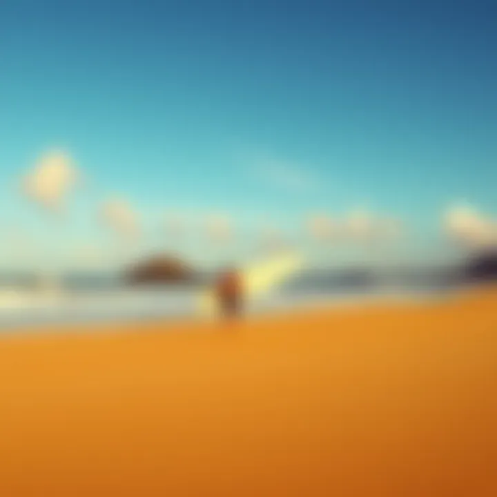 A serene beach with golden sand, perfect for surfing and relaxation