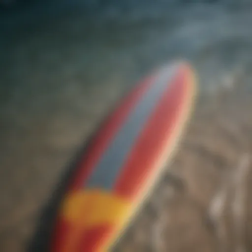 A close-up view of a vibrant surface surfboard showcasing its unique graphics and design elements.