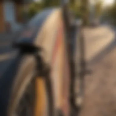 Close-up of a surfboard securely attached to a bicycle rack.