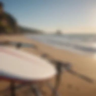 A surfboard secured on a side mount surf rack, illustrating optimal securing methods.