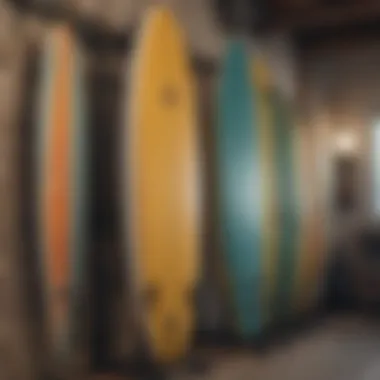 Surfboards neatly organized on vertical storage rack with ocean view