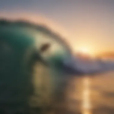 Surfer catching a barrel wave at sunset