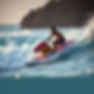 Surfer riding a wave with a water toy