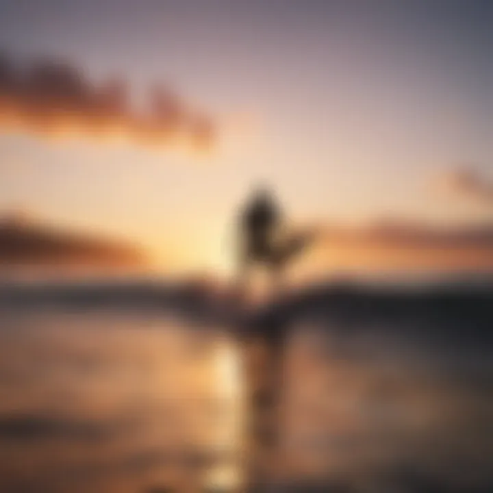 Surfer silhouette against a vibrant sunset sky