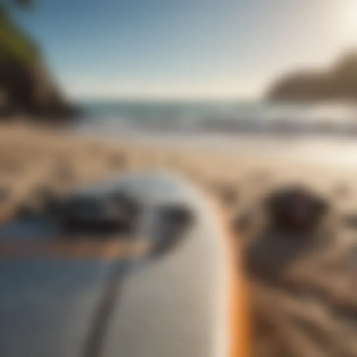 Close-up of surf gear including a board, leash, and wetsuit