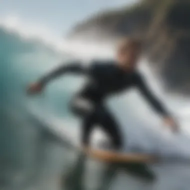 Surfing action shot showcasing a surfer wearing a shorty wetsuit in ocean waves.