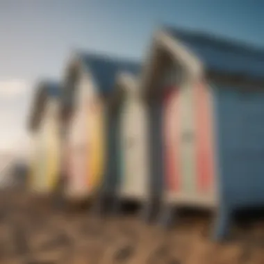 Surfboard against the iconic Brighton Beach Bathing Boxes