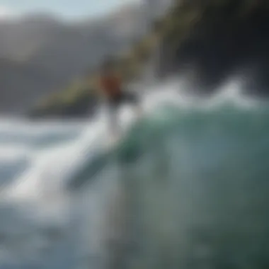 Surfer catching a wave in New Zealand