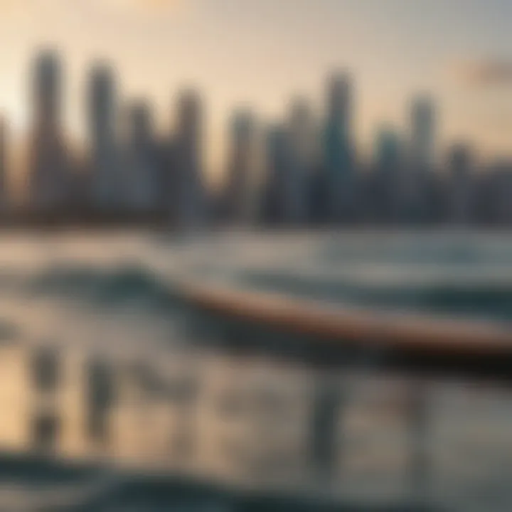 Surfboard with vibrant Panama City skyline in the background