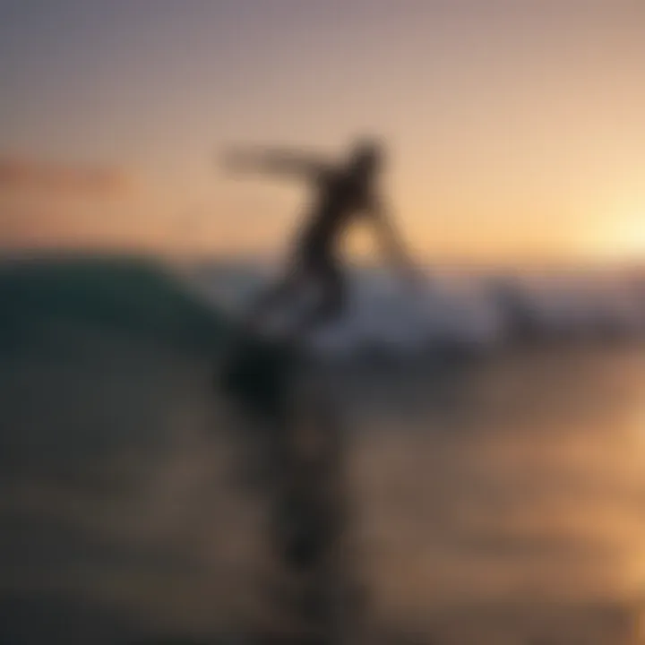 Sunset Silhouette of a Surfer Carving Through Waves