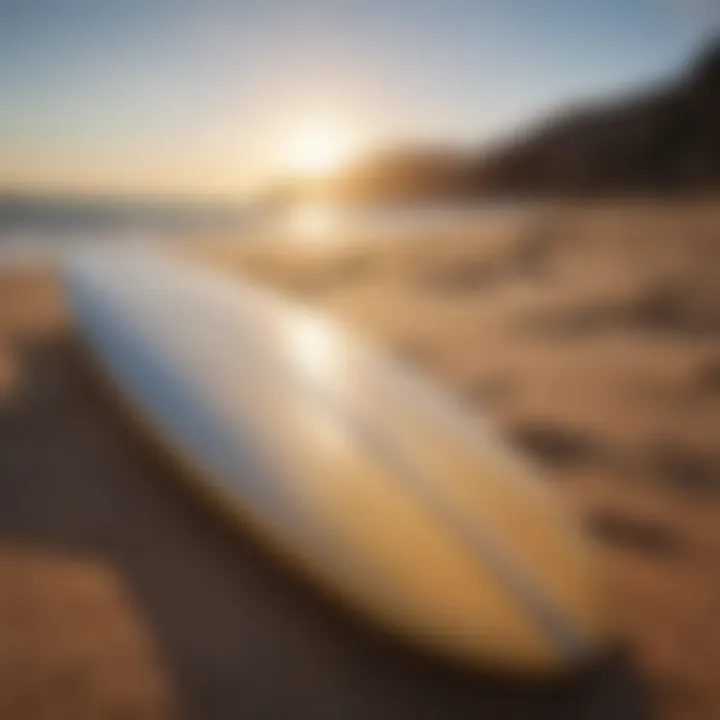 Surfboard resting on sandy beach with sunset backdrop