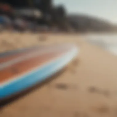 Surfboard lined up on the sandy shore of Surfrider Beach