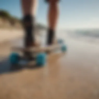 Dynamic action shot of a Ten Toes Longboard in use at the beach