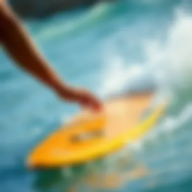 A surfboard being tested in water, demonstrating its performance characteristics in real-time conditions