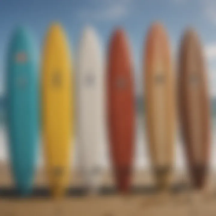 An array of surfboards with various logos representing diverse surf cultures.