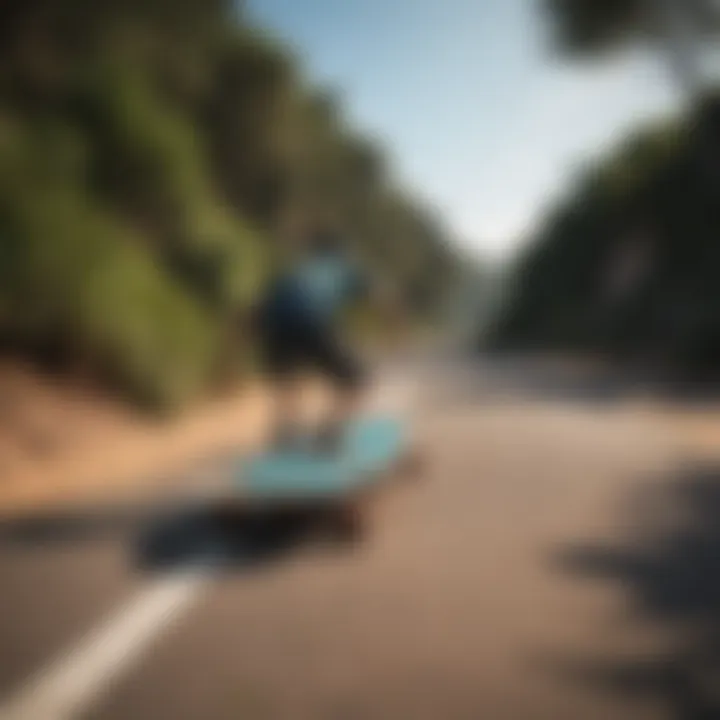 Longboard rider carving through a coastal path with vibrant scenery