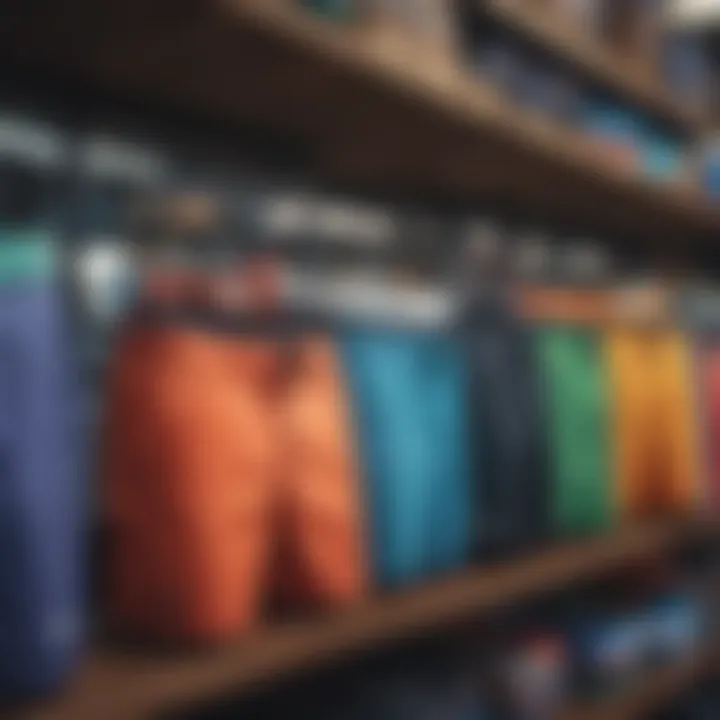 Colorful display of board shorts at a vibrant retail store